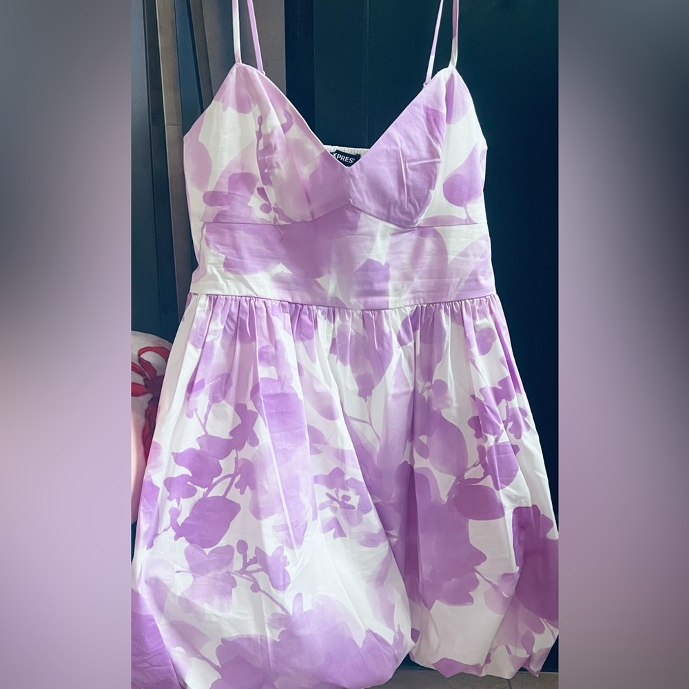 Express Lilac and White Floral Spaghetti-Strap Mini Dress